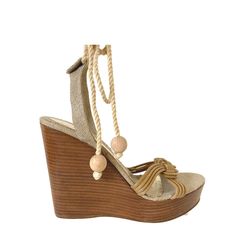 Wedge in beige canvas and leather.Fabric upper and leather sole.Wedge measures approx 5" platformRound, open toeSole: Leather Beige Open Toe Wedge Sandals With Wooden Heel, Beige Wedge Sandals With Cork-bed Midsoles, Beige Wedge Heels With Wooden Heel, Brown Wedge Sandals, Sandals Wedge, White Sandals Heels, Leather Heels Sandals, Black Wedge Sandals, Max Azria