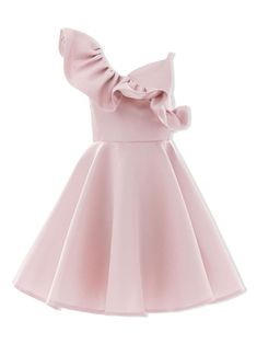 blush pink one-shoulder ruffled detailing pleated skirt flared hem Pink Dresses For Kids, 11 Birthday, Pink Dress Short, Dress With Jean Jacket, Light Pink Dress, Dolce And Gabbana Kids, Girls Party Dress, Girls Party, Girls Bows