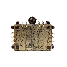 This striking gold box clutch is a masterpiece of geometry and luxury. Crafted from genuine snakeskin, it boasts opulence and sophistication in every facet. Decorated with resin and coin studs and our signature sputnik spiked spherical closure, this bag's modern geometric design is timeless and stylish. The bag offers both versatility and style with a detachable chain and a hideaway top handle, allowing you to carry it your way. The interior is as refined as the exterior, with satin lining and a Designer Gold Rectangular Clutch, Designer Gold Clutch For Formal Events, Designer Gold Clutch For Formal Occasions, Leopard Print Coat, Classic White Shirt, Bold Accessories, Box Clutch, Gold Box, Old Hollywood Glamour