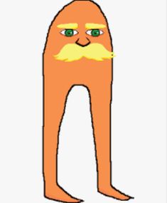 an orange cartoon character with green eyes and a mustache on it's head, standing in front of a white background