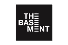 the base ment logo on a black and white square paper with words below it