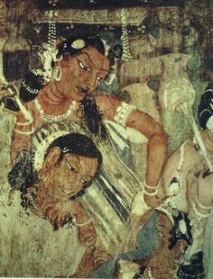 an ancient painting with two women and one man on it's back, possibly in india