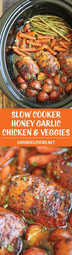 slow cooker honey garlic chicken and veggies with text overlay that reads slow cooker honey garlic chicken and veggies