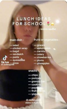 a woman in a black top is holding her hand out to the side with words describing lunch ideas for school