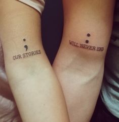 two people with matching tattoos that say,'our stories will never end'on their arms