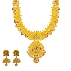 An image showing one of Virani Jewelers' gold necklace sets. Celebration 22k Gold Kundan Necklace With Peacock Design, 22k Gold Kundan Necklace With Peacock Design For Celebration, Elegant Yellow Gold Temple Necklace With Pallu, Festive 22k Yellow Gold Jewelry, Diwali Bridal Necklace In Yellow Gold With 17 Jewels, Festive 22k Gold Bridal Necklace Hallmarked, Yellow Temple Jewelry With Intricate Design, Festive 22k Gold Hallmarked Bridal Necklace, Festive 22k Gold Yellow Jewelry