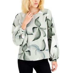 Covered In An Abstract Print, This Bishop-Sleeve Top From Alfani Is Perfect For Brightening Up Your Work Look. Approx. Model Height Is 5'10" And She Is Wearing Size Small Approx. 24-1/3" Long Round Neckline; Keyhole Button Closure At Back Bishop Sleeves With Button Cuffs Polyester Machine Washable Imported Web Id: 12599120 Spring Blouse With Blouson Sleeves And Crew Neck, Spring Crew Neck Top With Blouson Sleeves, Evening Blouses, Printed Tunic Tops, Womens Kimono, Bishop Sleeve, Black Lace Tops, Work Looks, Kimono Sleeve