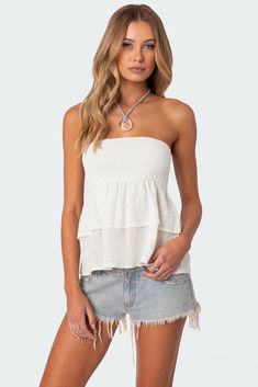 Tube top Smocked bust Layered ruffle design Linen look fabric 100% Cotton Model wears size S Model height is 5'8 Item care: Wash with similar color Flowy Tube Top, Ruffle Tube Top, Ruffle Linen, Tube Tops, Designer Outfits, Streetwear Tops, Birthday List, Flowy Tank Tops, Strapless Tops