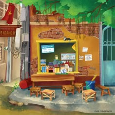 a painting of a small store with wooden benches and tables in front of the building