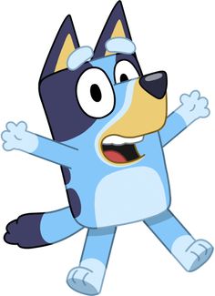 a cartoon blue dog with his arms out