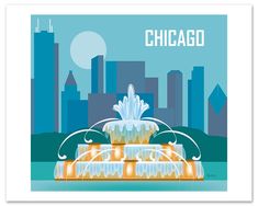 a city skyline with a fountain in the foreground and an advertisement for chicago written on it