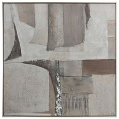 an abstract painting with different colors and shapes on the wall, including greys and browns