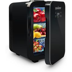 an open black refrigerator with pictures of fruits and vegetables in the door, on a white background