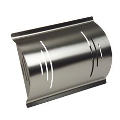 a stainless steel toilet paper dispenser with curved lines on the front and sides