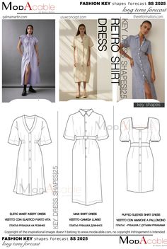 SS25 Retro shirt dress - ModaCable Summer Fashion For Women, Sketch Board, Fashion Week 2024, Knitwear Trends, Fashion Silhouette, Color Board, Cool Outfit