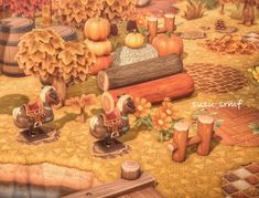 a painting of pumpkins and other decorations on the ground in front of a wooden barrel