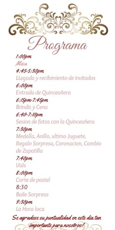 a menu with an ornate design and the words, program for students to learn spanish