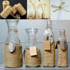 bottles with rope wrapped around them and tags attached to them