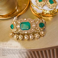 Indulge in luxury, embrace elegance and experience the allure of Kanwal Set - where every piece tells a story of timeless beauty and unparalleled craftsmanship! Dazzle and delight with every step wearing our breathtaking jewelry set featuring a mesmerizing combination of CZ stones with its unparalleled brilliance, polished emeralds evoking the lush beauty of a verdant paradise, and exquisite jadau kundan stones. The set includes a choker and a pair of beautiful earrings. Approximate length of th Heritage Jewellery, Waist Chain, Faux Stone, Head Accessories, Cz Stone, Base Metal, Men's Collection, Designer Earrings, Necklace Designs