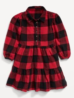 Long-Sleeve Tiered Flannel Shirt Dress for Toddler Girls - 5T - RED Children's Dress Patterns, Girls Navy Dress, Girls Ruffle Dress, Old Navy Toddler Girl, Flannel Shirt Dress, Girls Sundress, Flannel Dress, Dress Shirt Sleeves, Girls Dresses Summer