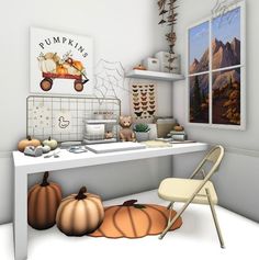 there is a desk with pumpkins on it and a chair in front of the window