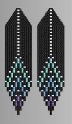 pair of earrings made out of black and blue seed beads with white, purple, and green beading