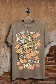 wild soul tiger graphic tee Leopard Cactus Shirt, Tiger Graphic, Animal Graphic Tee, Baggy Cargo Pants, Animal Graphic, Shirt Print Design, Graphic Tee Design, Western Boho, Mood Board Fashion