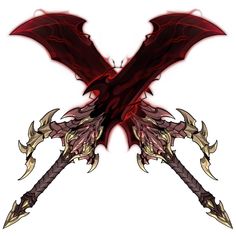 an image of a red dragon with two swords in it's claws and wings