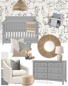 a baby's nursery room with gray furniture and accessories