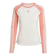 (WMNS) adidas originals Slim Fit Long Sleeve Tee 'White Pink' IY0781 Adidas Sportswear Tops For Summer, White Long Sleeve Sportswear T-shirt, Adidas Logo Athleisure Tops With Relaxed Fit, Casual T-shirt With Three Stripes Branding For Spring, White Athleisure T-shirt For Spring, Casual Fitted T-shirt With Three Stripes, Fitted Casual T-shirt With Three Stripes, Sportswear Top With Three Stripes And Relaxed Fit, Three Stripes Relaxed Fit Sportswear Top