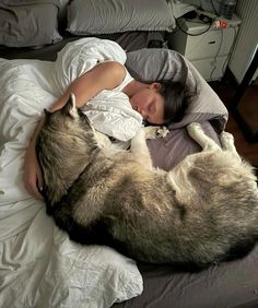 a woman laying in bed next to a large gray and white dog sleeping on top of her