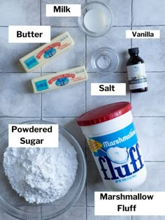 ingredients to make marshmallow fluff on a tile counter top with text overlay