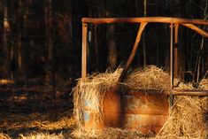 an old rusted metal swing with hay in the woods