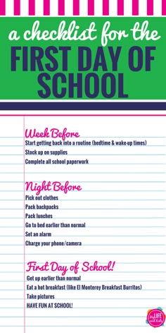 a checklist for the first day of school with pink and green stripes on it