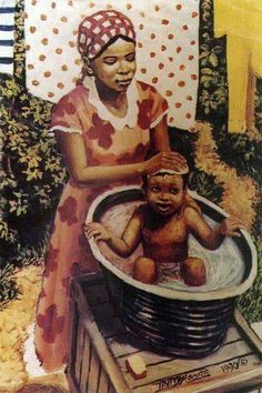 a painting of a woman washing her baby in a tub