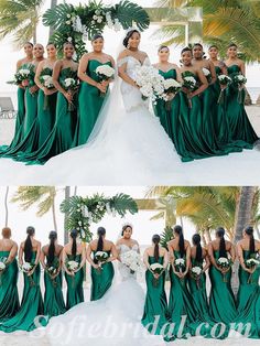 the bride and her bridal party pose for pictures on the beach in their green dresses