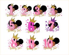 the numbers for birthday girls with afros and crowns are shown in pink, purple and gold