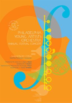 an orange and blue poster with the words philadelphia young artist's orchestra