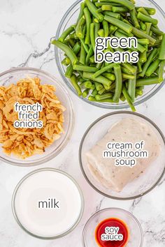 the ingredients for green beans are shown in bowls