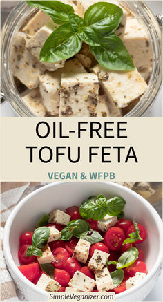 a bowl filled with tofu, tomatoes and basil leaves