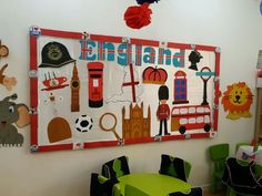 the children's room is decorated with colorful paper cutouts and pictures on the wall