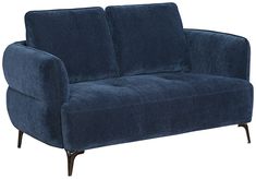 a blue couch sitting on top of a wooden frame