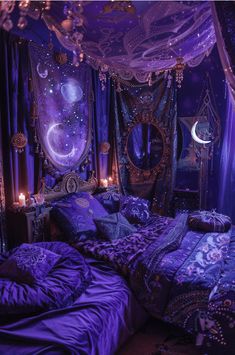 a bed with purple comforter and pillows in a room that is decorated with lights