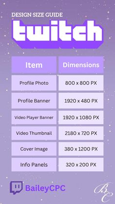 a purple poster with text that says, design size guide twitch dimensionss