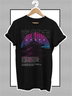 This listing is for a Japanese unisex vaporwave streetwear t-shirt with Japanese style elements, designed for fans of Japanese retro vaporwave and Harajuku clothing. The product is available in black. The T-shirt has an illustrated graphic on the chest. It is made of 100% cotton and is shrunk before. This unique design has been illustrated with effort and love, and printed on the T-shirt. The motif Retro futuristically inspires and shows a temple in Kyoto in Vaporwave aesthetics with Japanese ka 90s Inspired Sublimation Print T-shirt For Streetwear, 90s Inspired T-shirt With Sublimation Print For Streetwear, Harajuku Style Text Print T-shirt For Streetwear, 90s Inspired Black Graphic T-shirt, Rave T-shirt With Letter Print And Short Sleeves, 90s Inspired Black T-shirt With Graphic Print, 90s Inspired Black Graphic Print T-shirt, Rave T-shirt With Letter Print And Crew Neck, Rave Crew Neck T-shirt With Letter Print