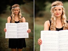 a woman holding an open book with music notes in her hands and wearing a headband