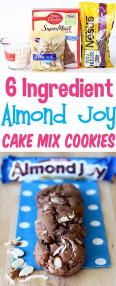 chocolate cookies with almonds on top and the words 6 ingredient almond joy cake mix cookies