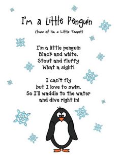 a penguin saying i'm a little penguin with snowflakes and stars in the background