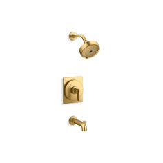 the shower faucet is shown in polished brass