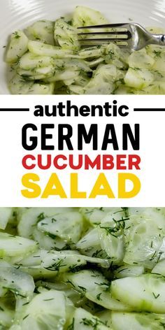 a close up of a plate of food with cucumber salad on it and the title overlay reads authentic german cucumber salad